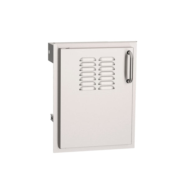 Stainless steel vented access door with sleek handle, designed for built-in outdoor kitchens to provide ventilation and storage access.