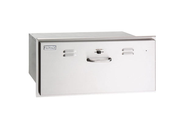 Stainless steel outdoor kitchen warming drawer with adjustable moisture control, designed to keep food warm and ready to serve.