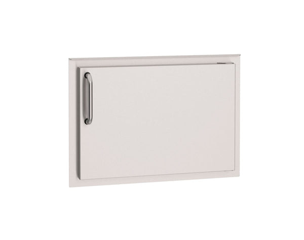 Stainless steel horizontal access door with sleek handle, designed for convenient entry to outdoor kitchen storage and utility areas.