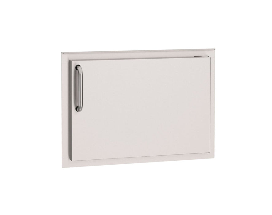 Stainless steel horizontal access door with sleek handle, designed for convenient entry to outdoor kitchen storage and utility areas.