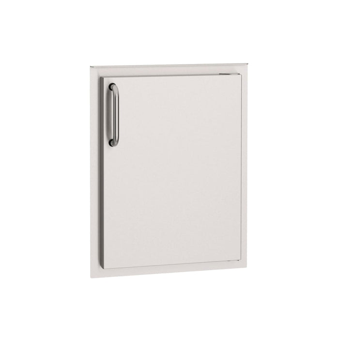 Stainless steel vertical access door with modern handle, ideal for outdoor kitchen storage and built-in island utility access.