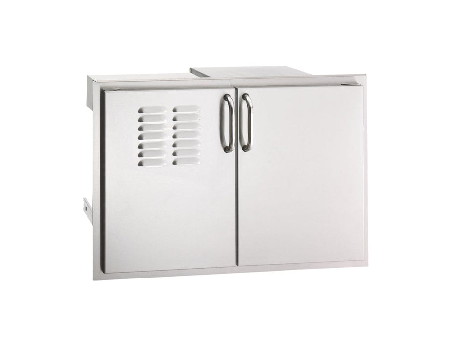 Stainless steel double access doors with one vented panel and one solid panel, designed for outdoor kitchen storage and airflow.