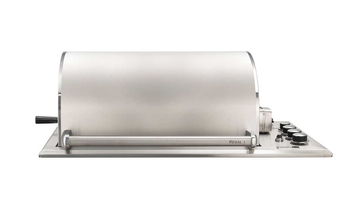 Closed stainless steel built-in gas grill with curved lid, side handle, and control knobs for outdoor kitchen installations.