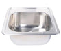 Single basin stainless steel sink with smooth rounded edges, polished finish, and drop-in design for indoor or outdoor kitchens.