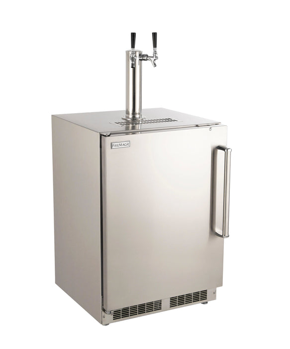 Stainless steel outdoor kegerator with a single door, dual beer tap tower, and bottom ventilation grill for cooling and dispensing.