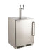 Stainless steel outdoor kegerator with a single door, dual beer tap tower, and bottom ventilation grill for cooling and dispensing.