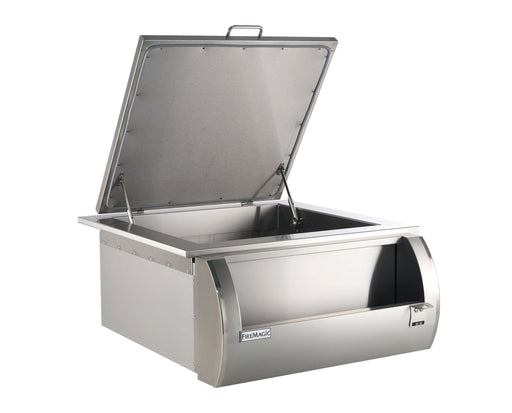 Stainless steel outdoor ice chest with an open hinged lid, deep insulated basin, and curved front panel for built-in kitchen installations.