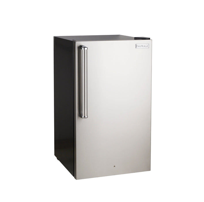 Sleek stainless steel outdoor refrigerator with a tall vertical handle, black side panels, and a secure lock at the bottom.