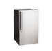 Sleek stainless steel outdoor refrigerator with a tall vertical handle, black side panels, and a secure lock at the bottom.