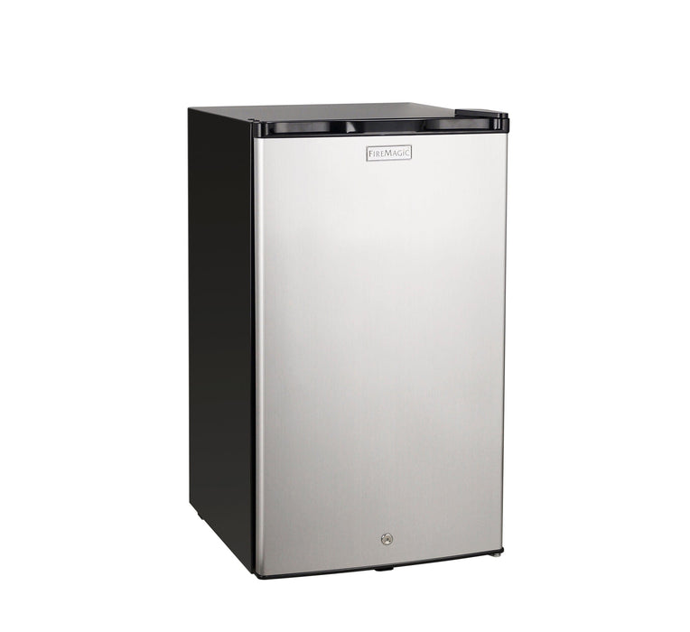 Compact stainless steel outdoor refrigerator with a sleek black top and sides, featuring a single front door and bottom lock.