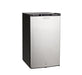 Compact stainless steel outdoor refrigerator with a sleek black top and sides, featuring a single front door and bottom lock.