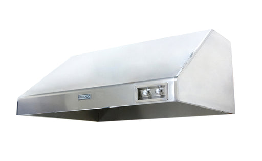 Stainless steel outdoor vent hood with a modern angled design and built-in control knobs for ventilation and lighting.