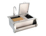 Outdoor stainless steel sink station with high-arc faucet, cutting board, dual condiment holders, and covered ice bin for food prep.
