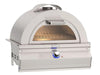 Stainless steel outdoor pizza oven with domed top, front glass window, interior cooking rack, and control knob with blue light.