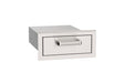Compact stainless steel outdoor kitchen storage drawer with sleek handle, designed for convenient access to grilling accessories.