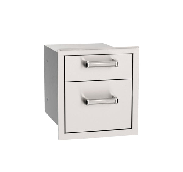  Stainless steel outdoor kitchen storage unit with two drawers, ideal for organizing grilling tools and accessories.