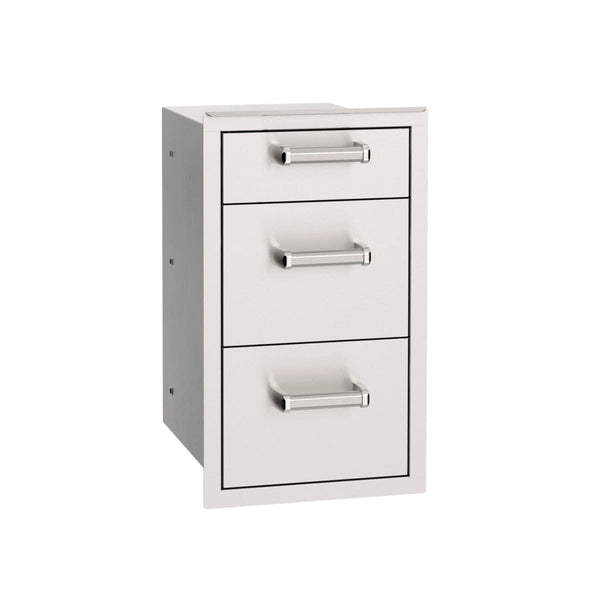Stainless steel outdoor kitchen storage unit with three drawers, ideal for neatly organizing grilling tools and accessories.