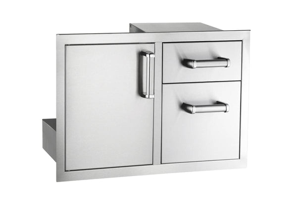 Stainless steel outdoor kitchen combo with single access door and two storage drawers for organized grilling tools and accessories.