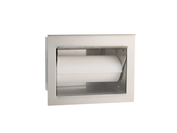 Stainless steel built-in paper towel holder with protective cover, designed for outdoor kitchens to keep towels clean and accessible.