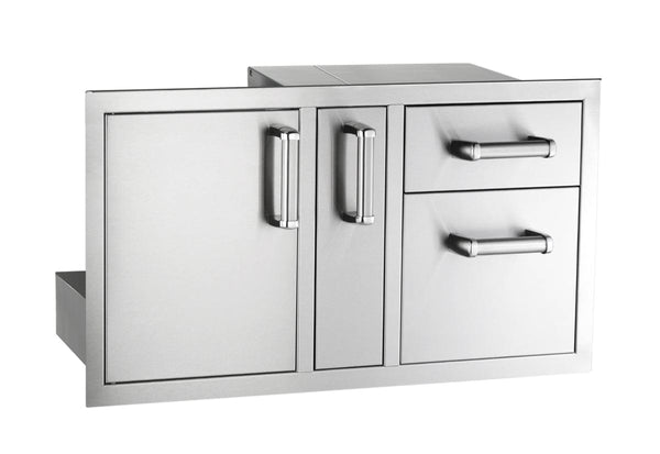 Stainless steel outdoor kitchen unit with double access doors and two storage drawers, designed for built-in grill island organization.