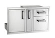 Stainless steel outdoor kitchen unit with double access doors and two storage drawers, designed for built-in grill island organization.