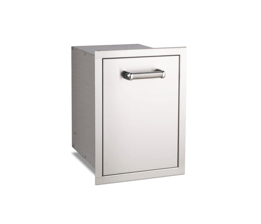 Stainless steel tilt-out trash bin door for outdoor kitchens, featuring a sleek handle and modern design for convenient waste access.