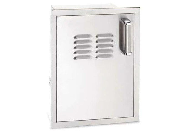 Stainless steel vented access door with vertical handle, designed for outdoor kitchen installations and safe airflow control.