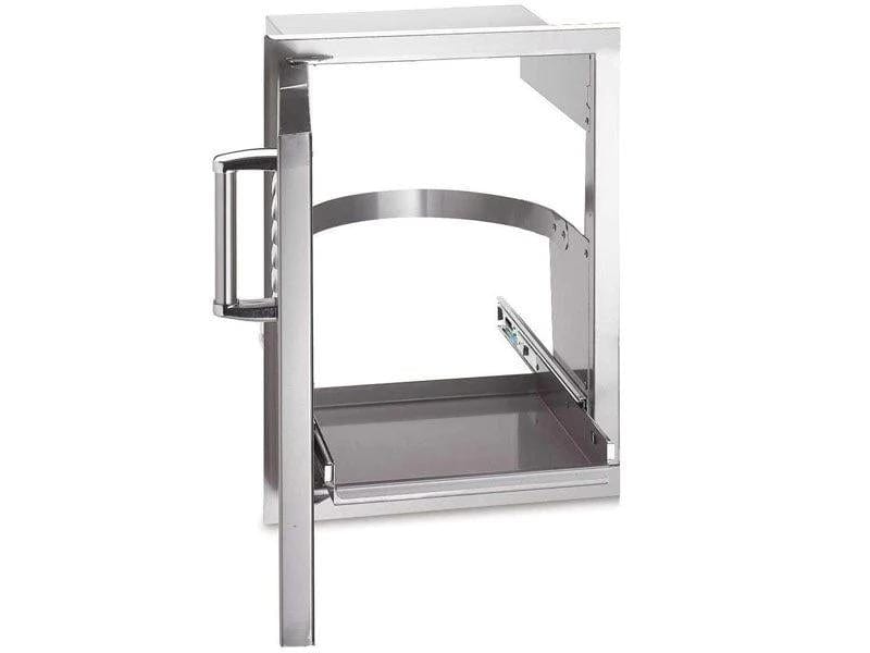 Stainless steel pull-out trash bin holder with front handle and slide-out design for outdoor kitchen storage use