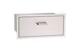 Stainless steel storage drawer with sleek handle design, offering ample space for organizing outdoor kitchen tools and accessories.