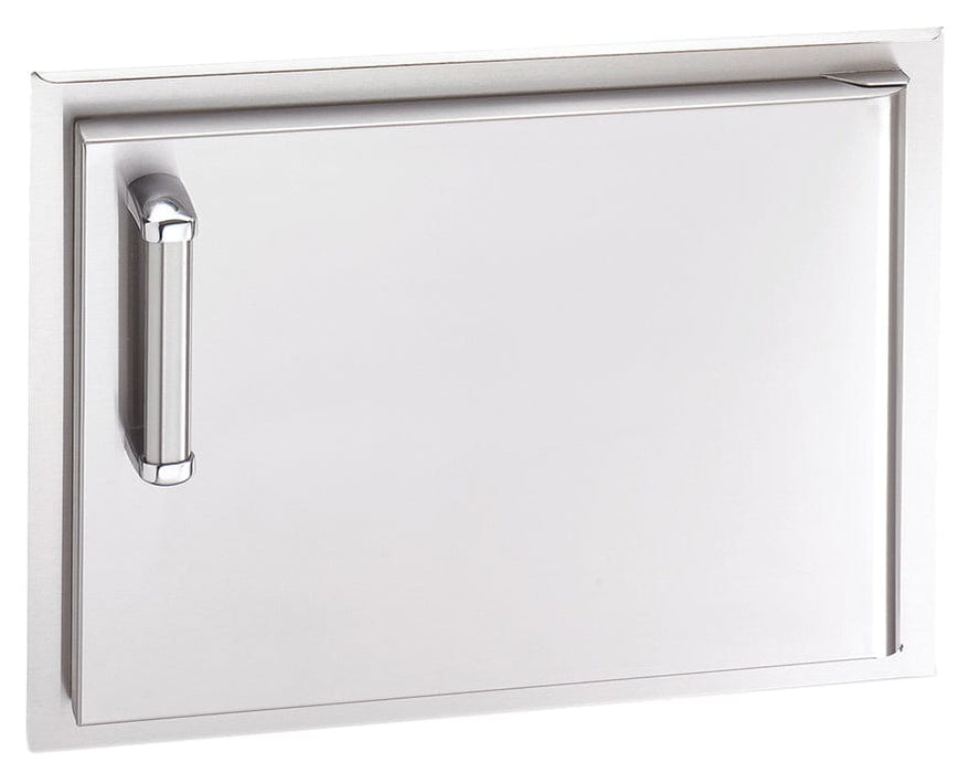Sleek stainless steel horizontal access door with polished handle, designed for outdoor kitchen storage and easy access to equipment.