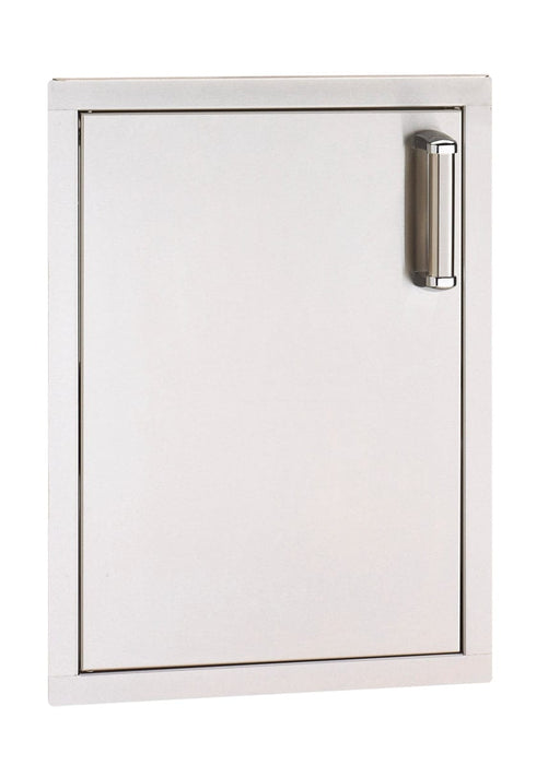 Vertical stainless steel access door with a sleek tubular handle, designed for outdoor kitchens and built-in storage solutions.