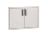 Sleek stainless steel double access doors with polished vertical handles, designed for built-in outdoor kitchen or storage applications.