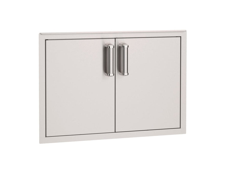 Sleek stainless steel double access doors with polished vertical handles, designed for built-in outdoor kitchen or storage applications.