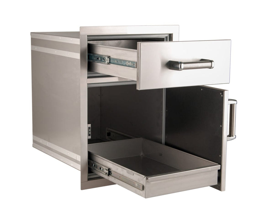 Stainless steel outdoor kitchen storage unit with two pull-out drawers, one open and one closed, featuring sleek metal handles.