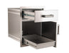 Stainless steel outdoor kitchen storage unit with two pull-out drawers, one open and one closed, featuring sleek metal handles.