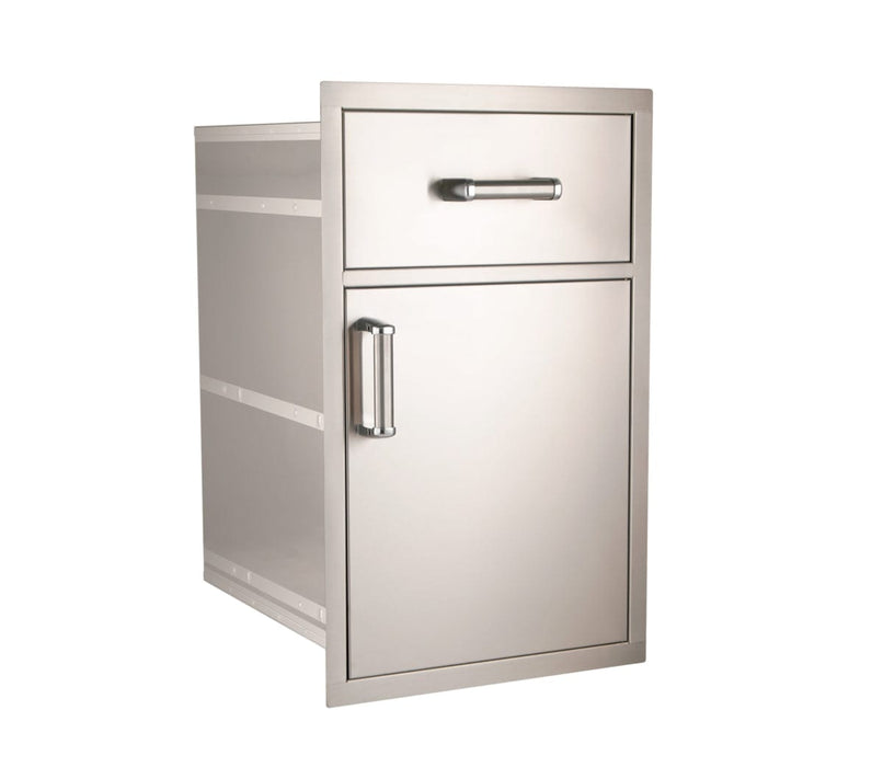 Stainless steel outdoor kitchen cabinet with a top pull-out drawer and a lower single door, both with sleek modern handles.