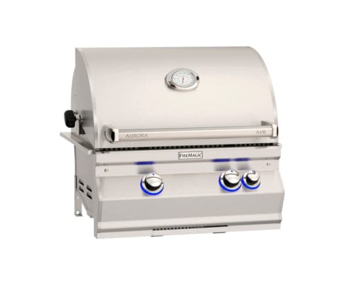 Stainless steel built-in gas grill with curved lid, blue LED-lit control knobs, and built-in thermometer for precision grilling.