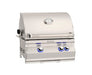 Stainless steel built-in gas grill with curved lid, blue LED-lit control knobs, and built-in thermometer for precision grilling.