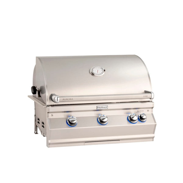 Stainless steel built-in gas grill with curved lid, built-in thermometer, and blue LED-lit control knobs for precision outdoor cooking.