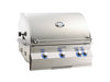 Curved-lid stainless steel gas grill with built-in thermometer and blue LED-lit control knobs for stylish and efficient outdoor cooking.