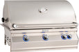 Large stainless steel built-in gas grill with curved lid, built-in thermometer, and four blue LED-lit control knobs for outdoor cooking.