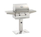 Pedestal-mounted stainless steel gas grill with built-in thermometer, dual control knobs, and side shelves for backyard outdoor cooking.