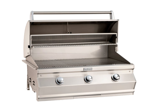 Open stainless steel gas grill with three control knobs, large grilling surface, and upper warming rack for versatile outdoor cooking.