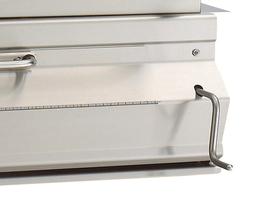 Close-up of stainless steel grill ash tray with fold-down front panel and metal handle hook for convenient cleanup and access.