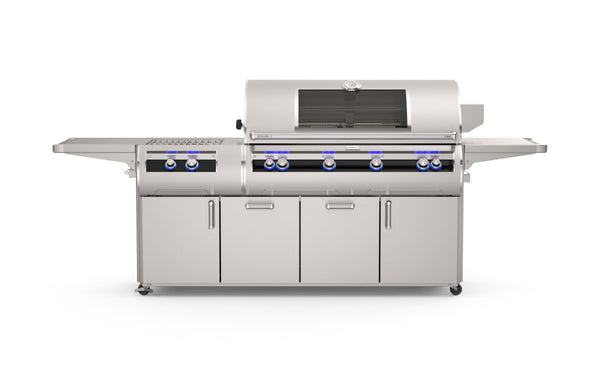 Stainless steel outdoor grill island with glass viewing window, multiple blue LED-lit knobs, side burners, and spacious storage cabinets.