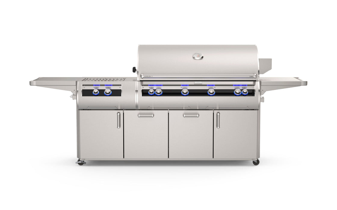 Freestanding stainless steel outdoor grill island with multiple blue LED-lit control knobs, side burners, storage cabinets, and curved lid.