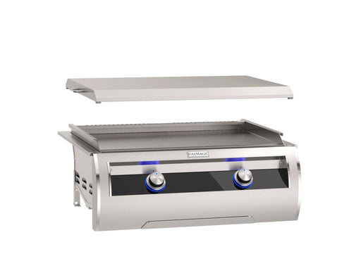Stainless steel outdoor flat top gas griddle with removable lid and two blue LED-lit control knobs for precise backyard cooking.