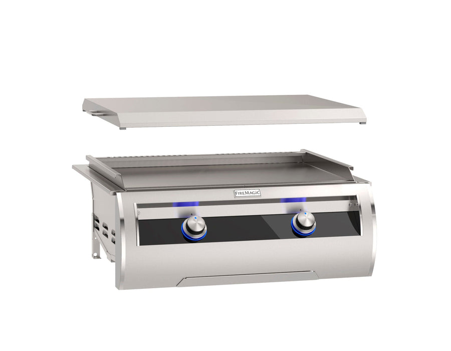 Stainless steel outdoor flat top gas griddle with removable lid and two blue LED-lit control knobs for precise backyard cooking.