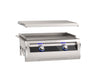 Stainless steel outdoor flat top gas griddle with removable lid and two blue LED-lit control knobs for precise backyard cooking.