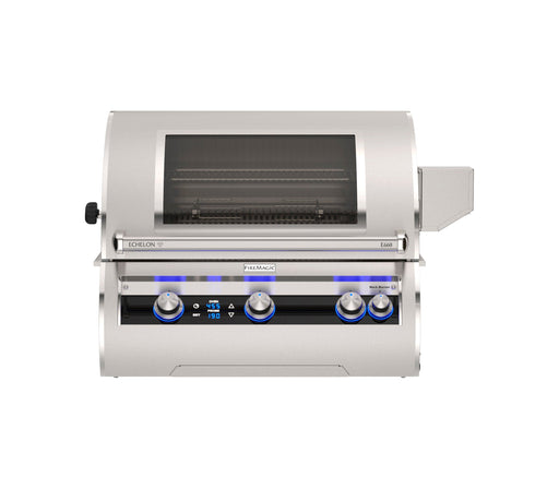 Premium built-in stainless steel gas grill with viewing window, digital display, and blue LED-lit knobs for precision outdoor cooking.